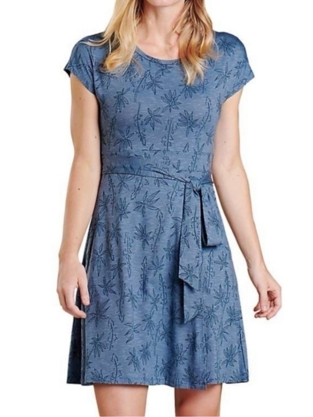 Toad&Co Cue Wrap Dress L Blue Floral Botanical Tencel Cottagecore Casual K61